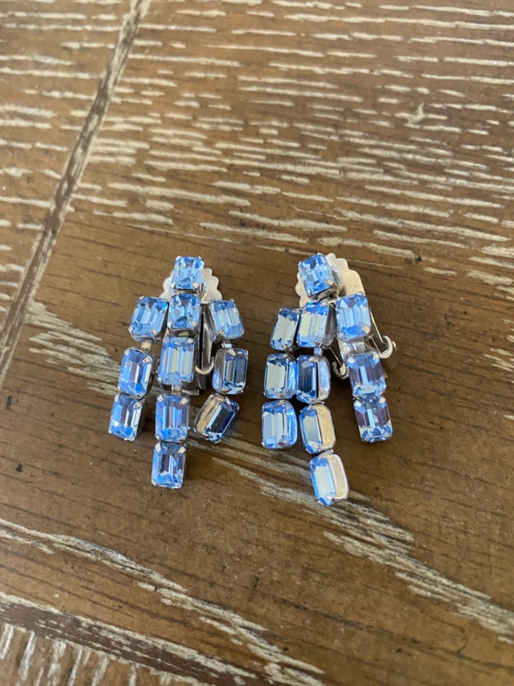 Mid century Signed Weiss Blue Rhinestone Cascade Clip-On Earrings